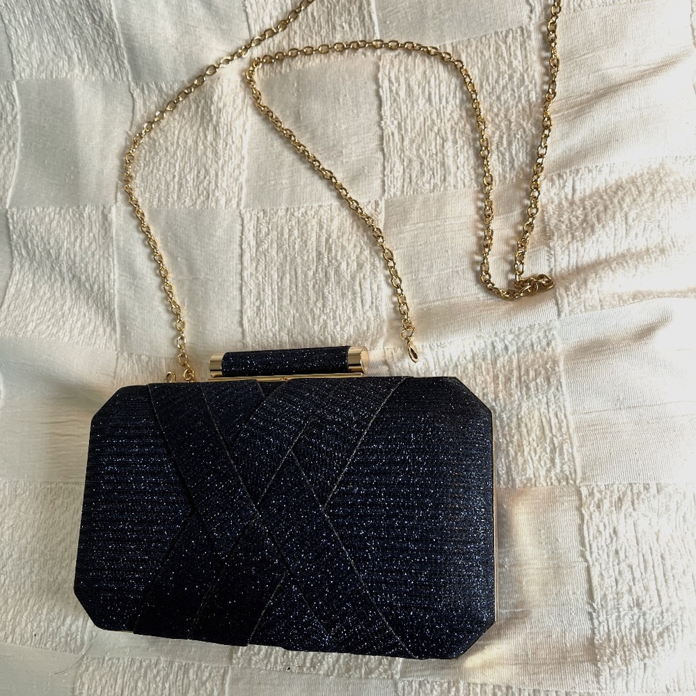 Midnight Navy metallic eveninig clutch with removable gold chain